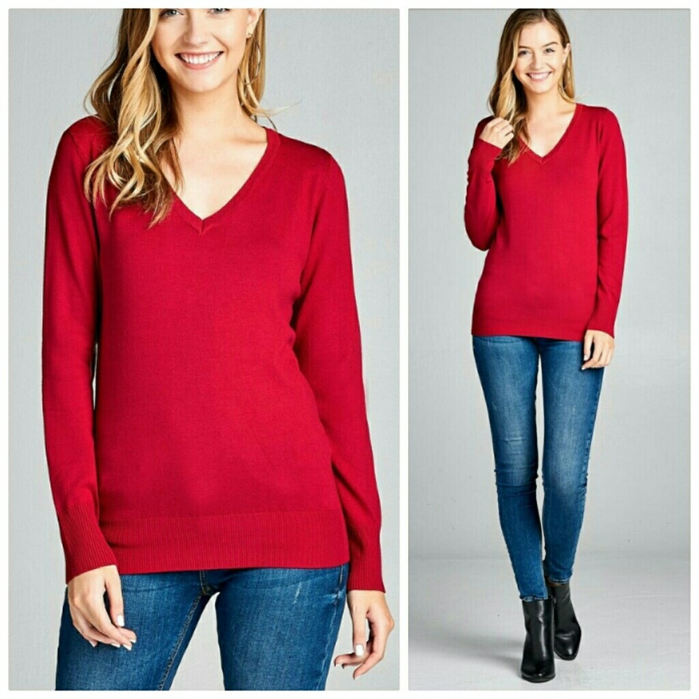 Red long sleeve v-neck classic sweater